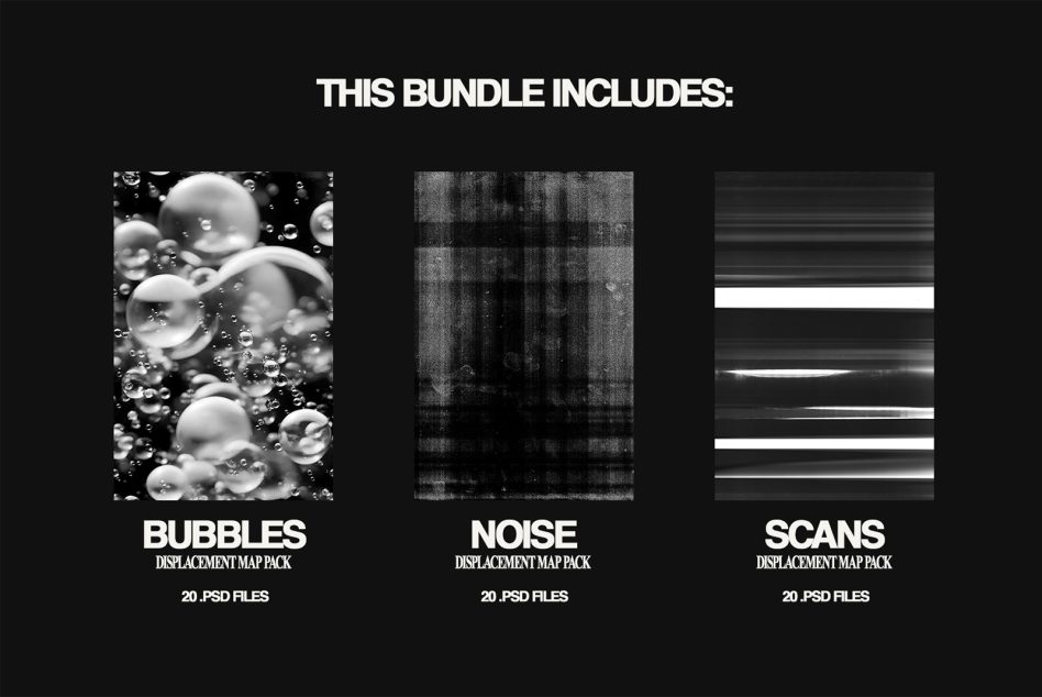 Bundle includes 20 PSD files for bubbles, noise, scans graphics displacement map packs. Ideal for designers seeking unique textures and effects in their projects.