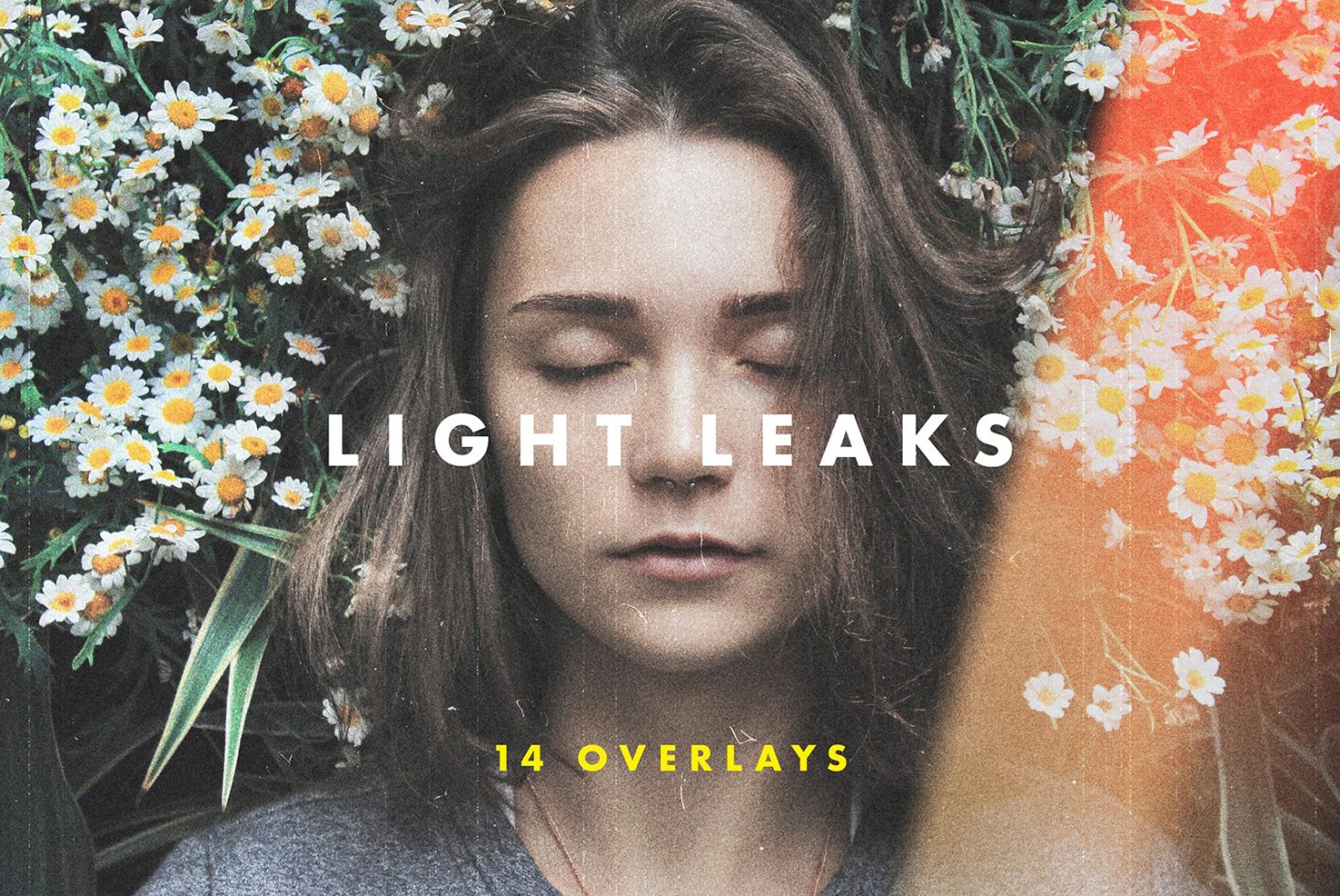 Light Leak Overlays Mockup featuring a person with closed eyes surrounded by flowers Digital graphics asset for designers SEO keywords light leak photo overlays