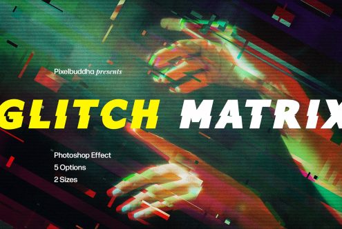 Glitch Matrix Photoshop effect shown with vibrant colors and hand visuals perfect for designers includes 5 options and 2 sizes Graphics asset for creative use