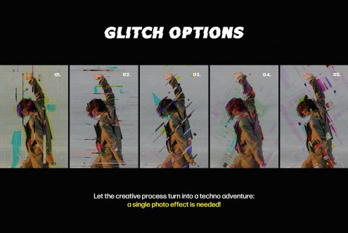 Glitch photo effect options set showcasing five different digital distortion styles. Perfect for designers graphic projects and digital art mockups.