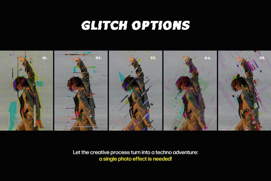 Glitch photo effect options set showcasing five different digital distortion styles. Perfect for designers graphic projects and digital art mockups.