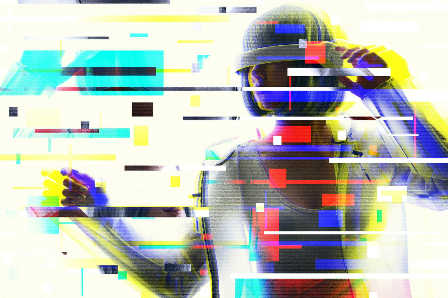 Abstract glitch art featuring a futuristic woman with vibrant colors and geometrical patterns, perfect for graphic design, mockups, and digital templates.