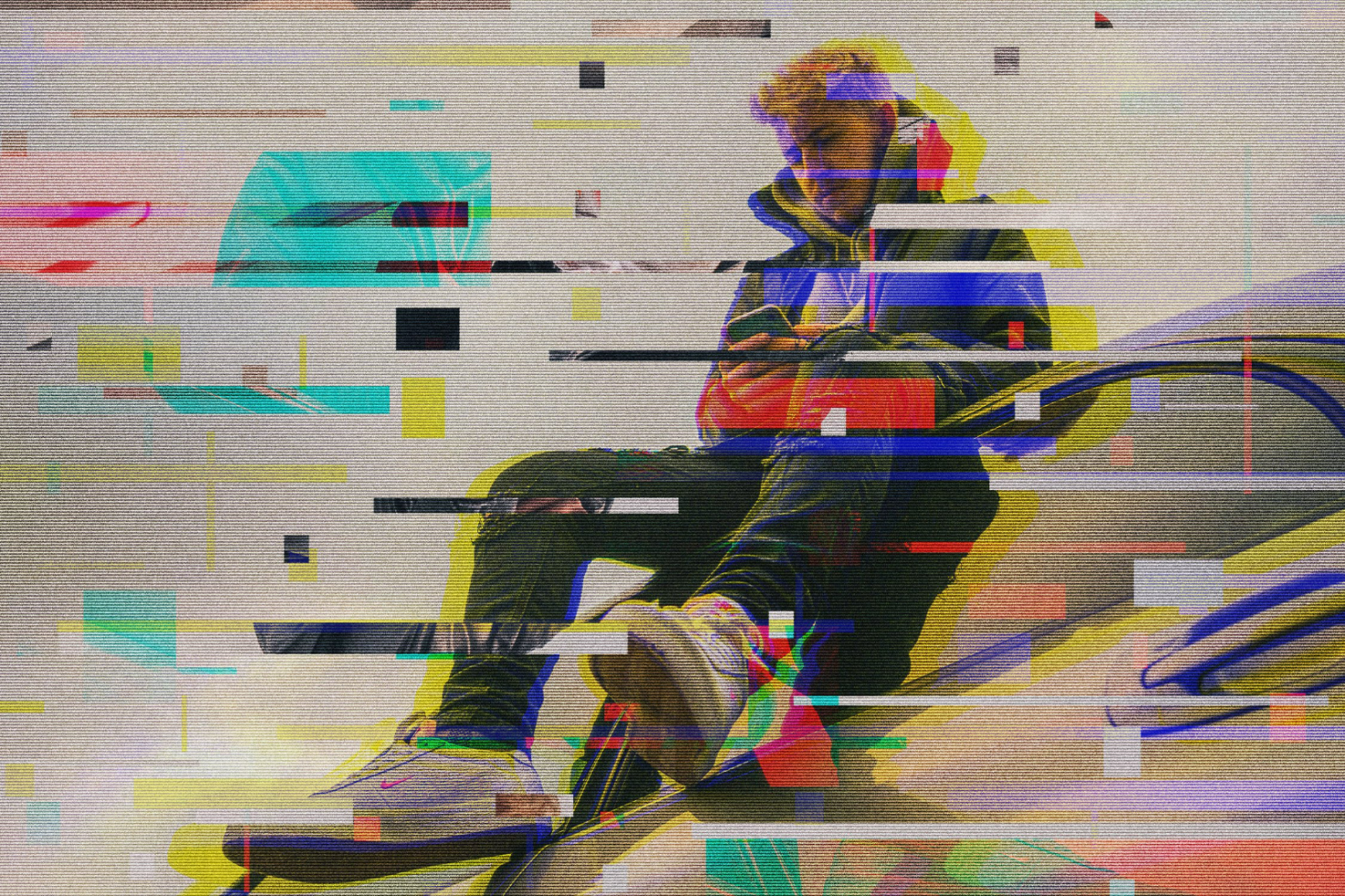 Digital glitch art background featuring a person in casual wear; ideal asset for graphics, templates, mockups; colorful abstract visual with fragmented effects.