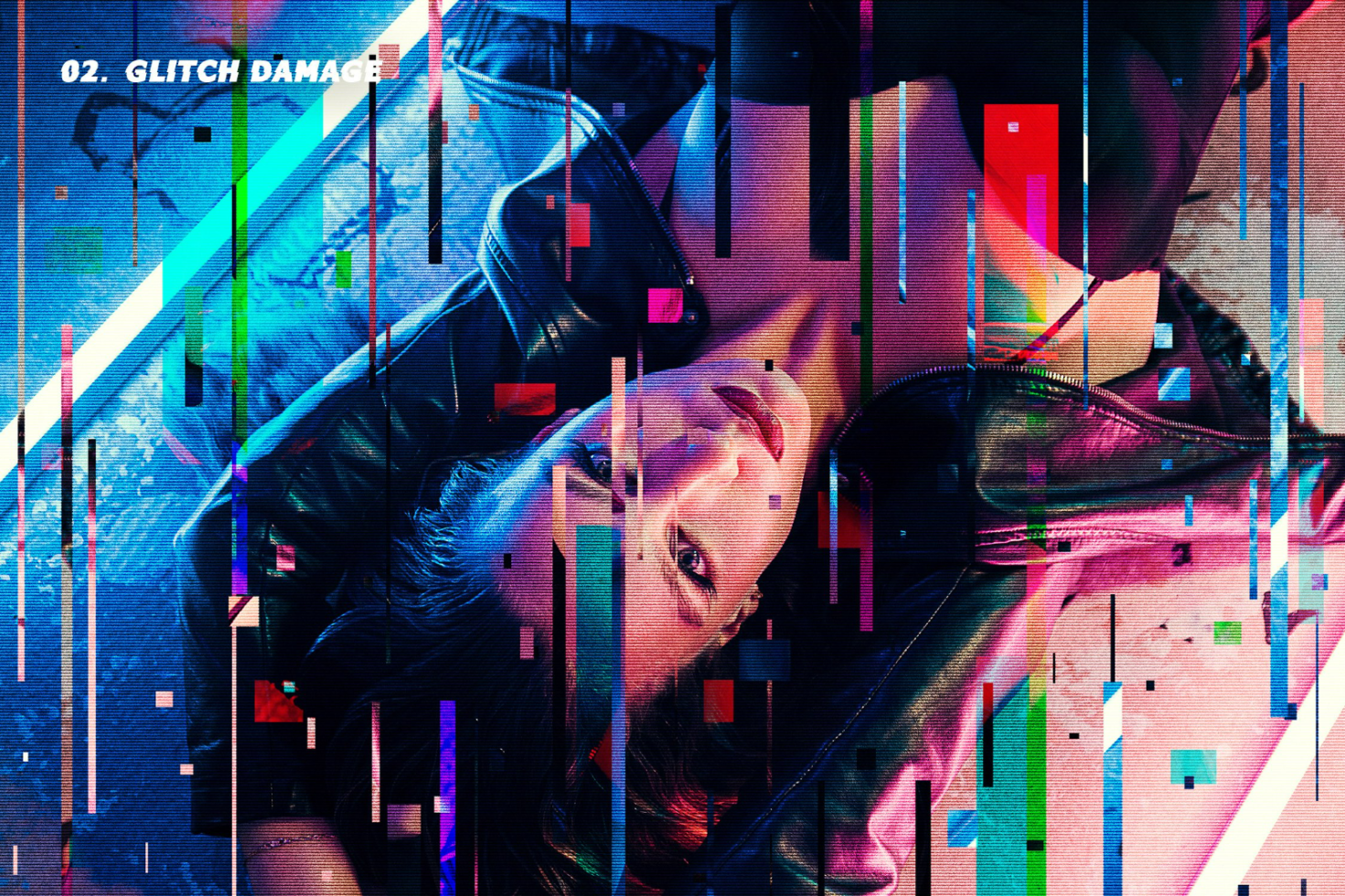 Glitch damage effect on urban photo template for designers. Create digital graphics with colorful lines, pixel art, abstract glitch themes. Ideal for mockups