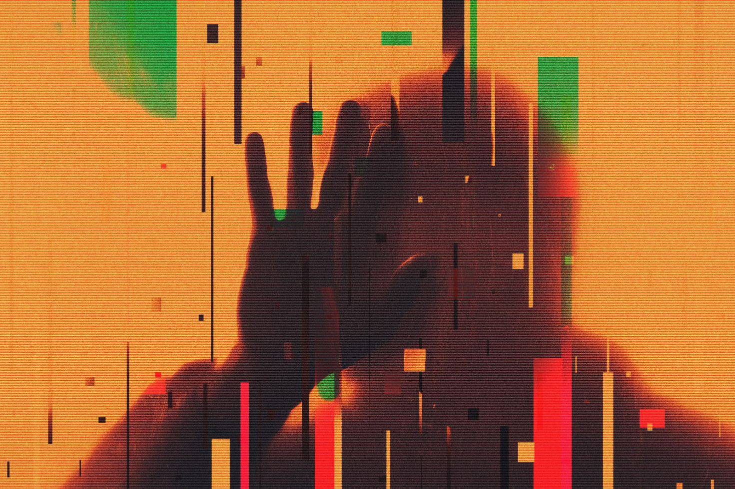 Abstract glitch art with silhouette of a hand against an orange background. Keywords: digital art, graphic design, abstract, glitch effects, visual elements.