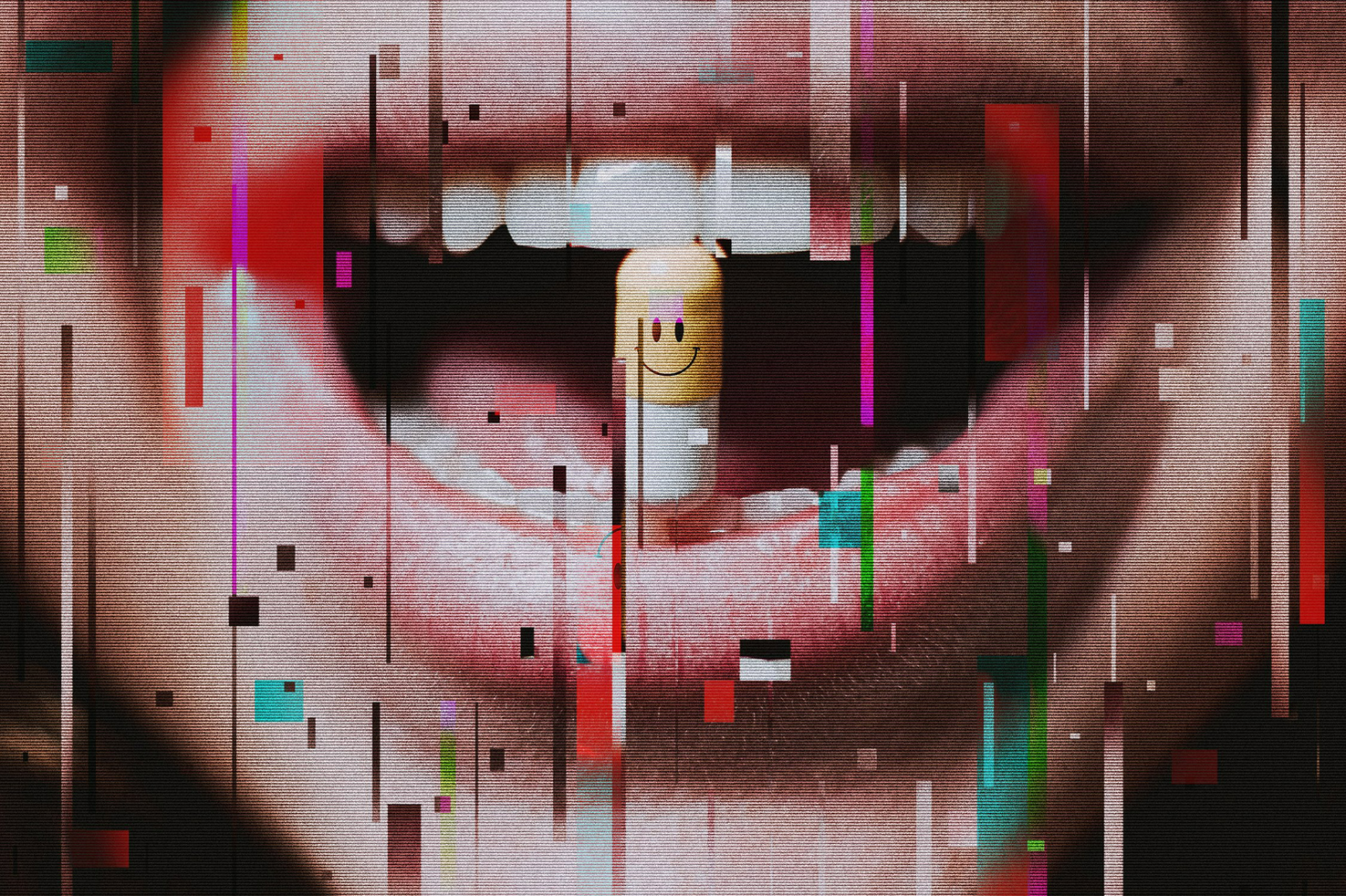 Glitch art design with a close-up of a pill with a smiley face in an open mouth. Ideal for digital graphics, design assets, and creative templates.