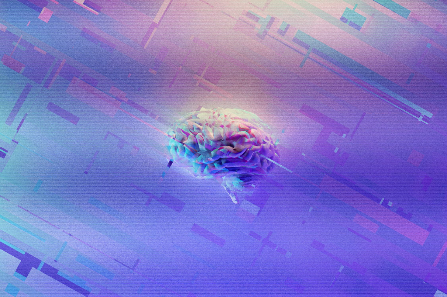 Futuristic abstract graphic of a human brain. Digital art with vibrant colors, technology theme. Perfect for graphic design templates, backgrounds, and mockups.