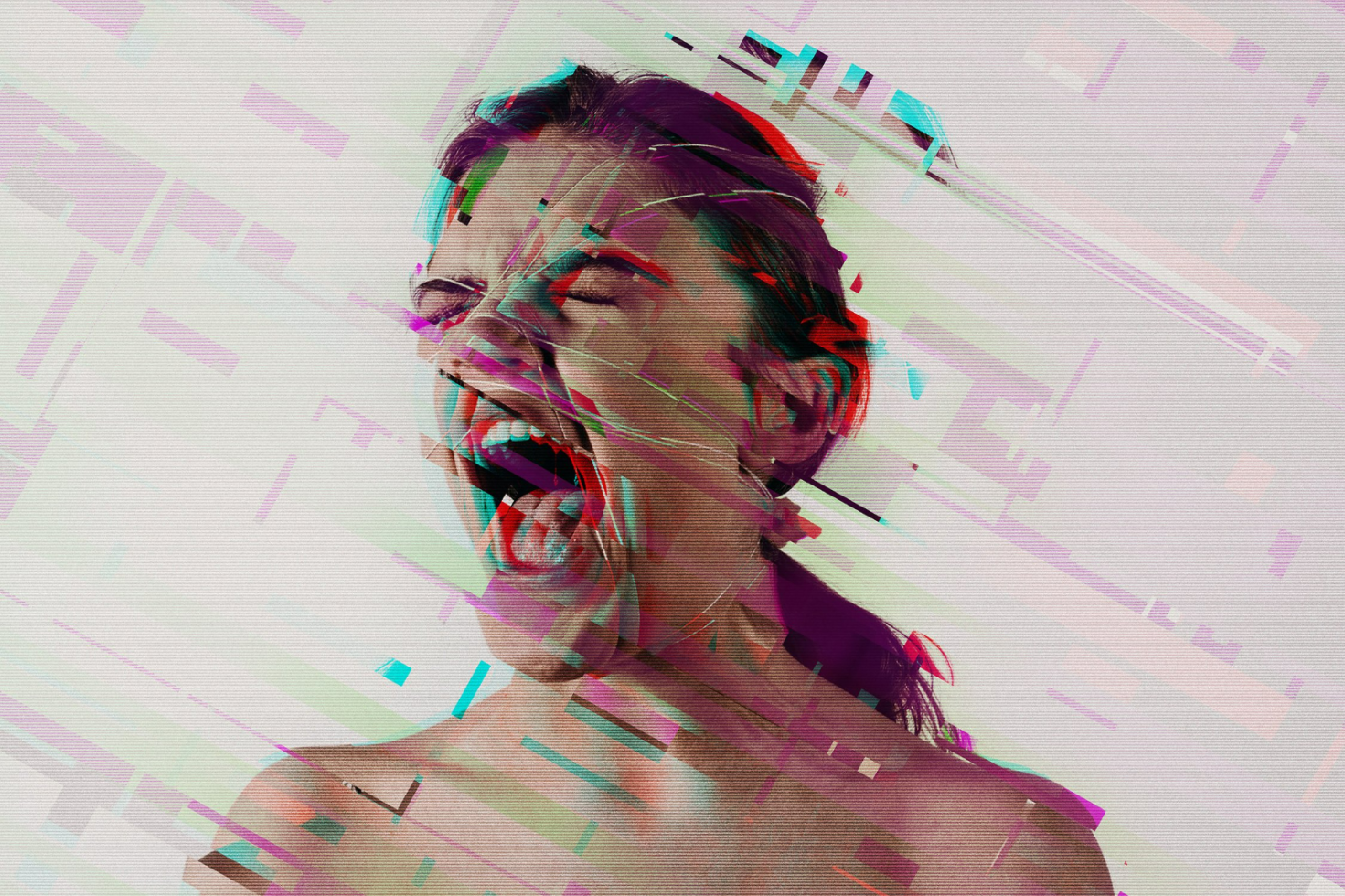 Abstract glitch effect art depicting a screaming person Photoshop mockup digital asset for designers vibrant distorted background. Perfect for graphic designs.