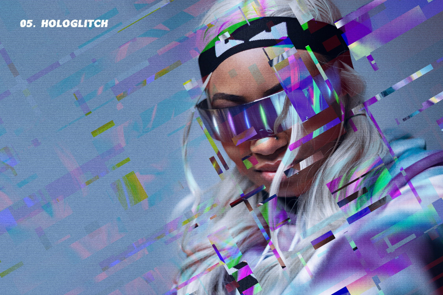 Digital art featuring a woman with holographic glitch effects, suitable for Photoshop and Illustrator mockups or graphic templates. Vibrant colors and futuristic style