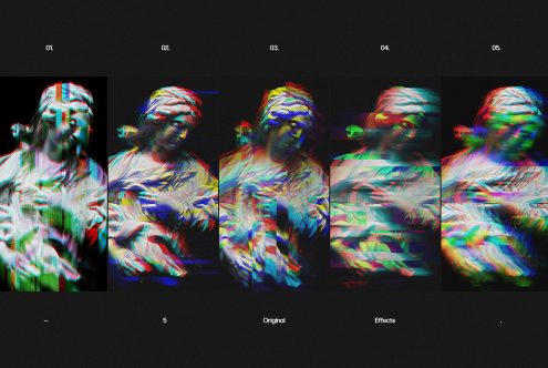 Glitch effect statue artwork. Five variations showcasing original statue with RGB split, distortion. Ideal for mockups, graphics, templates, designers.