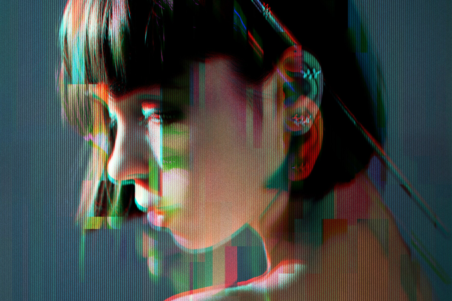 Digital art of a woman's profile with a glitch effect. Ideal for graphic design projects, visual art, digital assets, and creative designers.