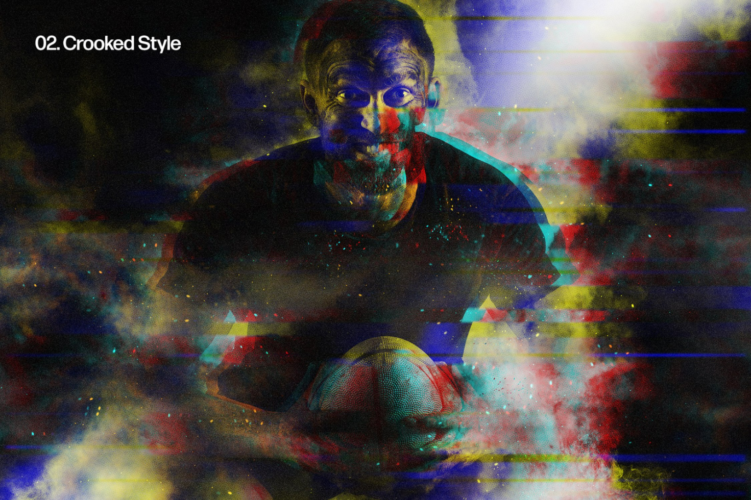 Digital graphics template depicting a man in Crooked Style with vibrant, glitchy effects. Perfect for designers creating dynamic visual projects and mockups.