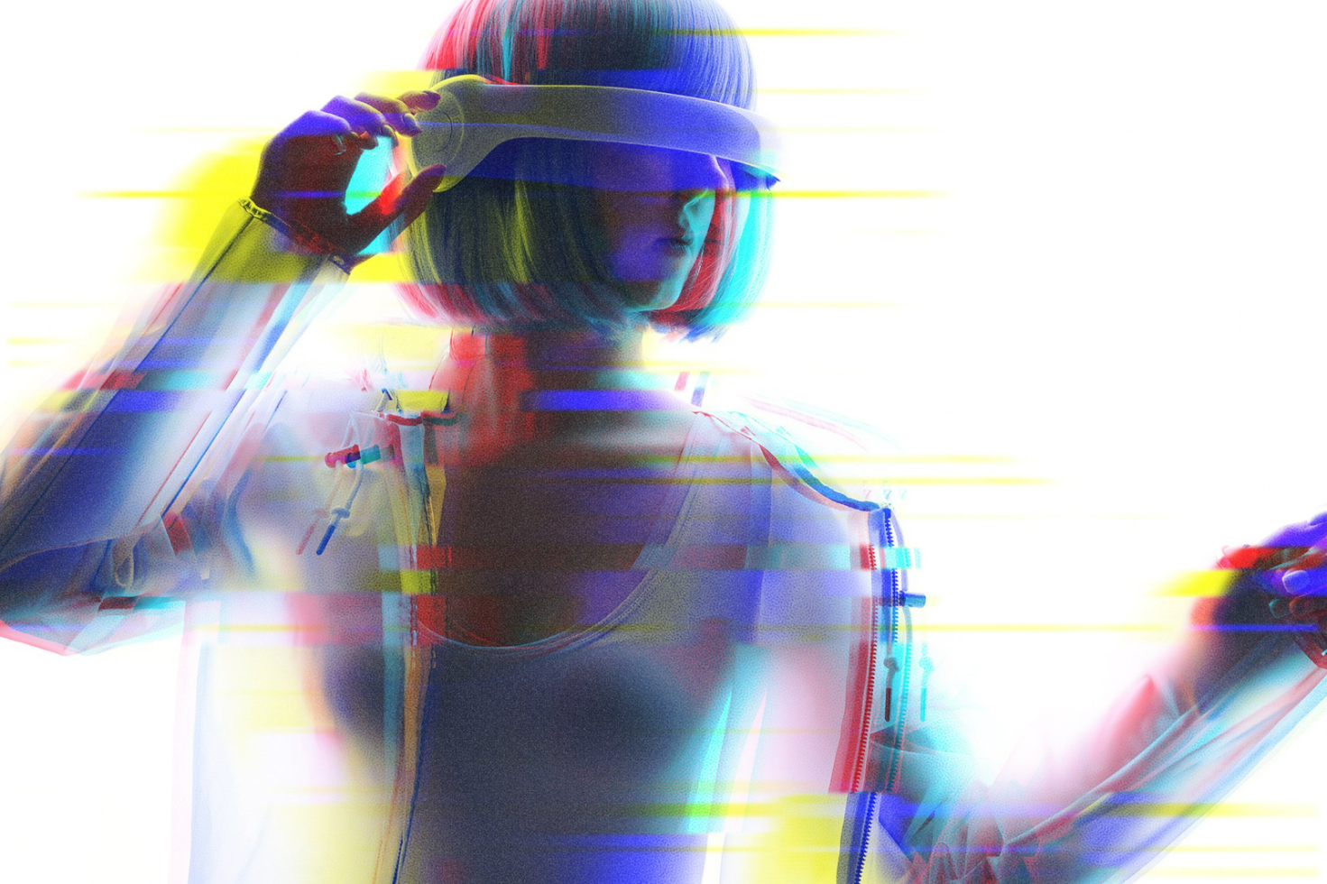 Futuristic digital artwork of a person wearing VR headset with a glitch effect vibrant colors ideal for graphic design mockups templates or digital assets.