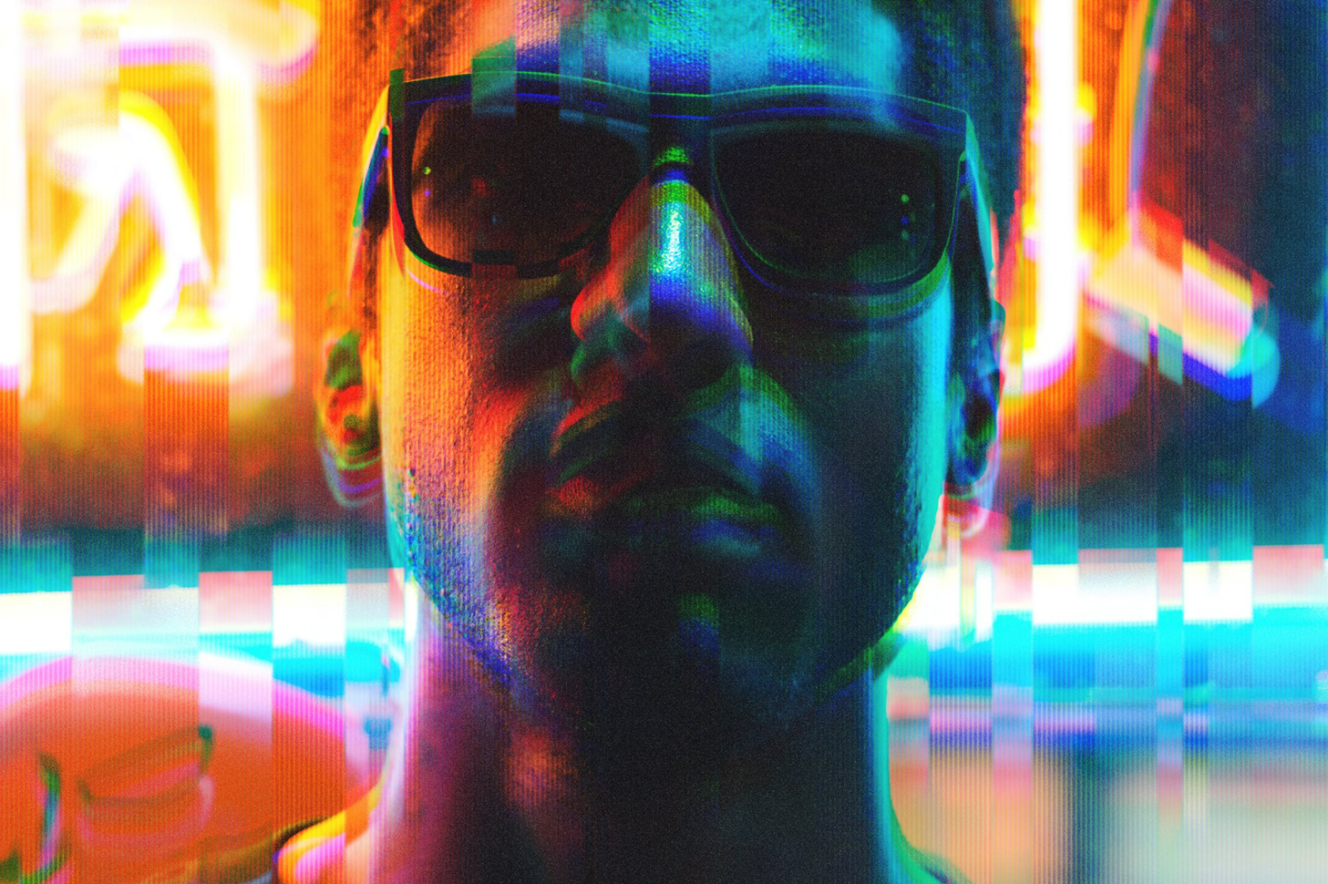 Digital art portrait of a person wearing sunglasses with neon glitch effect vibrant colors abstract visual perfect for mockups graphics templates designers