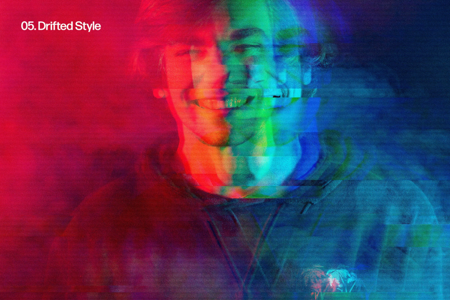 Distorted glitch effect portrait in Drifted Style. Perfect for graphic designers and digital artists seeking unique visual elements for projects and mockups.