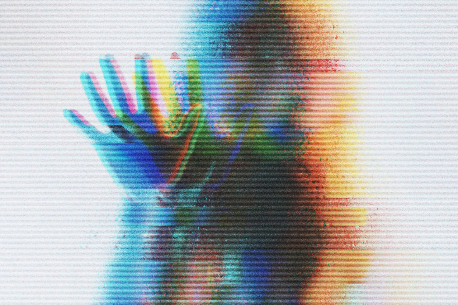 Digital glitch effect graphic. Colorful gradient distortion with hand silhouette. Perfect for designers seeking unique abstract backgrounds or visual elements.