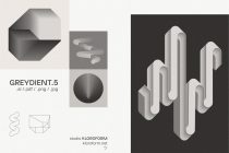 Greydient.5 3D extruded shapes, spheres, organic tubes with smooth shadow gradients