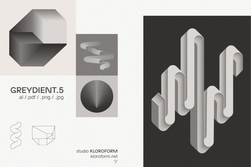 Geometric grayscale graphics set for designers Greydient5 by studio KLOROFORM. Includes abstract shapes available in ai pdf png jpg formats for design mockups