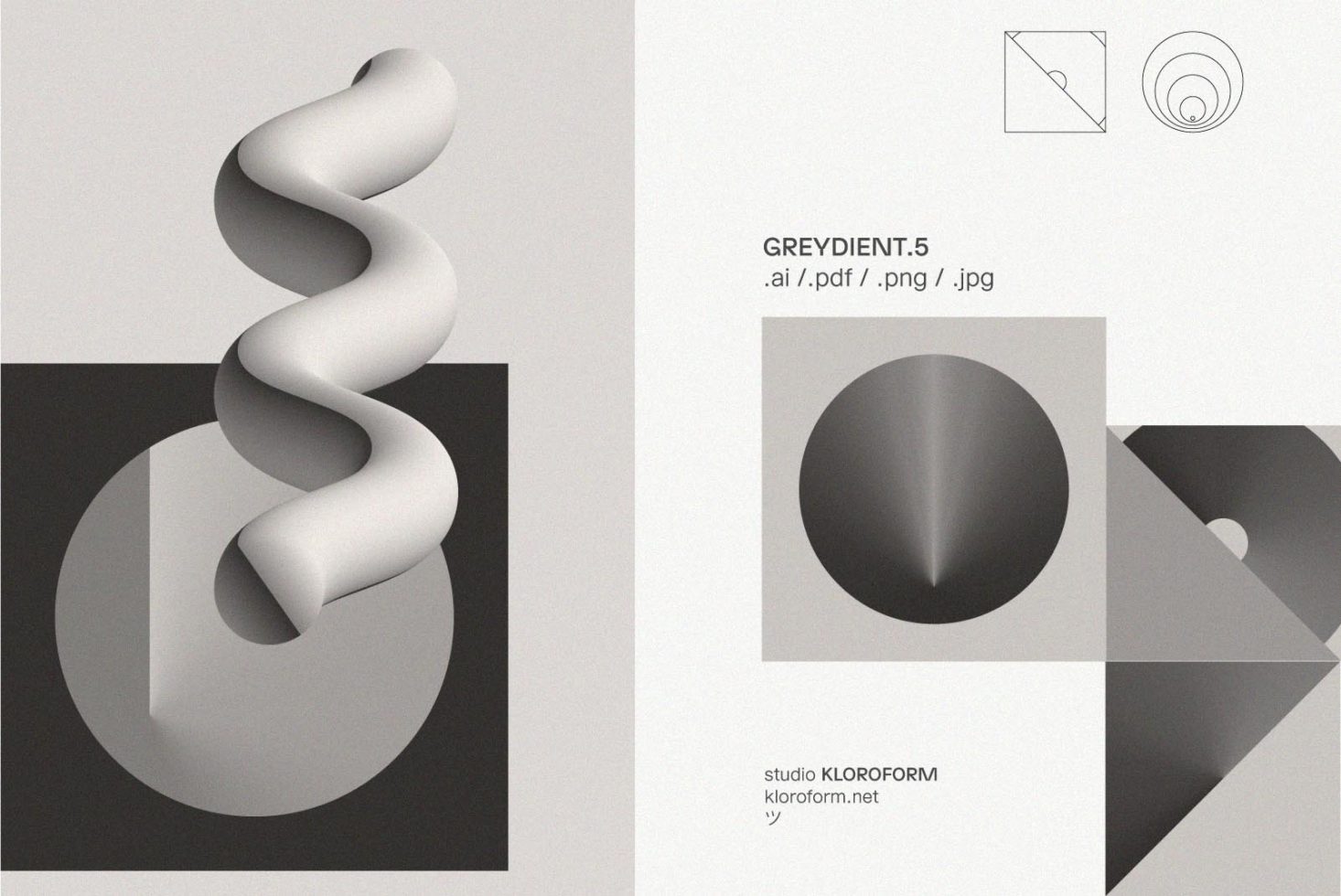 Abstract 3D geometric shapes in grayscale. Formats include AI, PDF, PNG, and JPG. Ideal for mockups, graphics, and templates. By studio KLOROFORM.