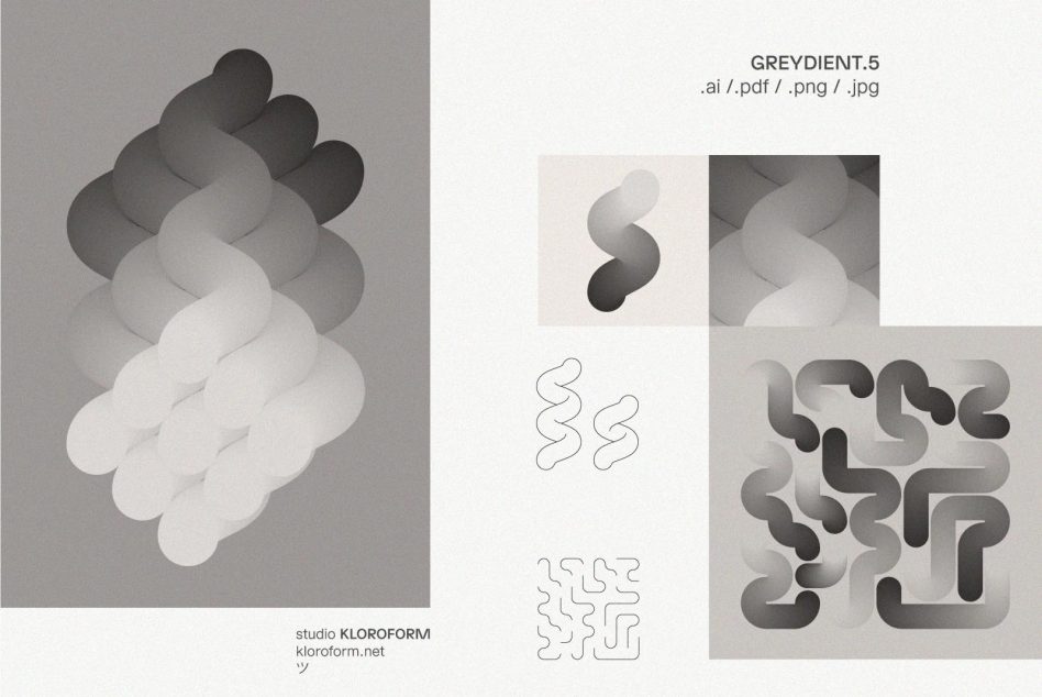 Greydient 5 digital gradient graphics design asset with abstract shapes and patterns; available in AI, PDF, PNG, JPG formats for designers and digital artists.