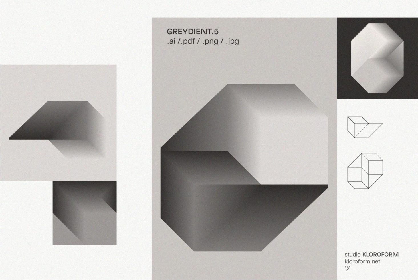 A collection of geometric 3D shapes in grey gradient, available in AI PDF PNG JPG formats for designers. Keywords: mockup templates graphics digital assets.