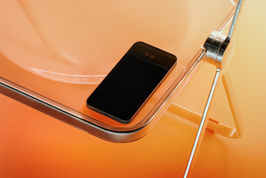 Smartphone mockup on a sleek glass table with orange gradient background perfect for showcasing app design product mockups or digital graphic templates for designers