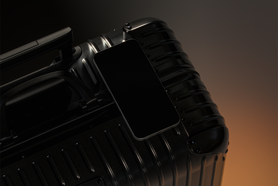 Modern digital mockup of a smartphone placed on a black travel suitcase. Ideal for travel, technology, and accessories design resources. High-quality image.