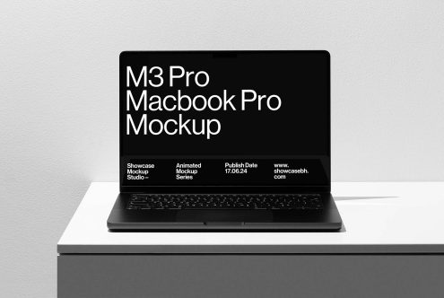 M3 Pro MacBook Pro Mockup displayed on a desk. Ideal for designers needing realistic mockups, digital assets, templates. Publish date 17.06.24 showcasebh com