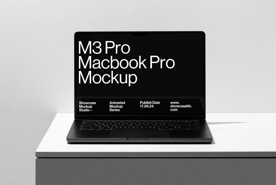 M3 Pro Macbook Pro mockup with open lid on white platform