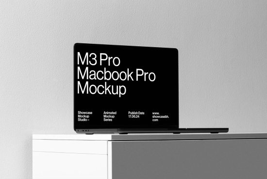 M3 Pro MacBook Pro mockup displayed on a table against a plain wall background, ideal for digital assets, templates, and mockups for designers.