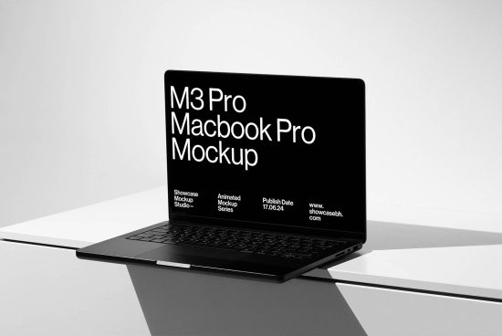 Mockup of M3 Pro MacBook Pro on a desk showcasing the screen with text perfect for digital assets designers interested in templates or UI presentations