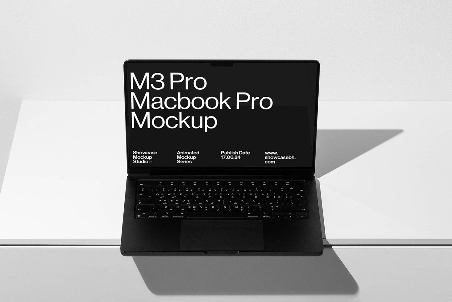 Black MacBook Pro displaying M3 Pro MacBook Pro Mockup text for designers featuring Animated Mockup Series publish date available on showcasebh com.