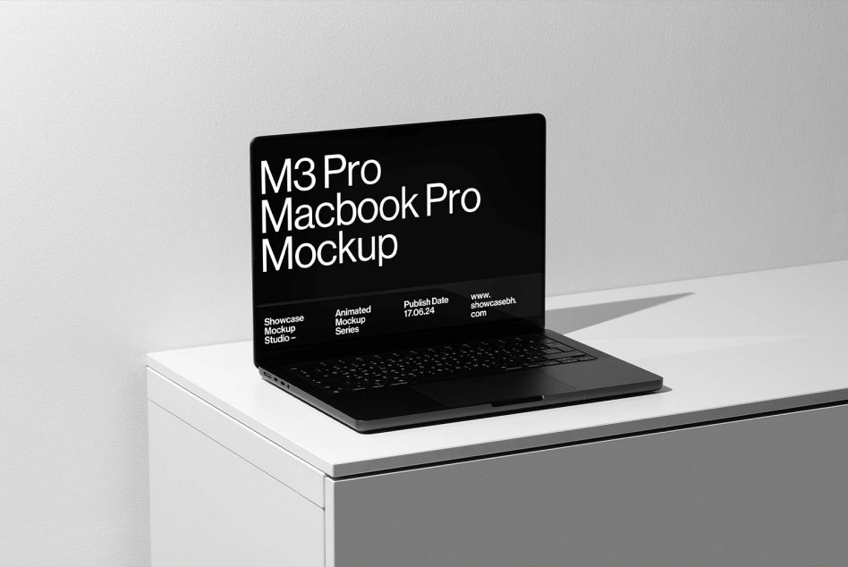 M3 Pro MacBook Pro Mockup in animated mockup series by Showcase Mockup Studio on display, perfect for digital asset designers and mockup enthusiasts.