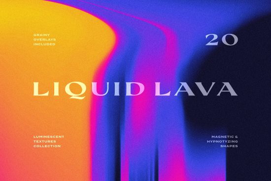 Vibrant liquid lava textures collection with grainy overlays for graphic design. Includes 20 luminescent shapes perfect for creative design projects and templates.