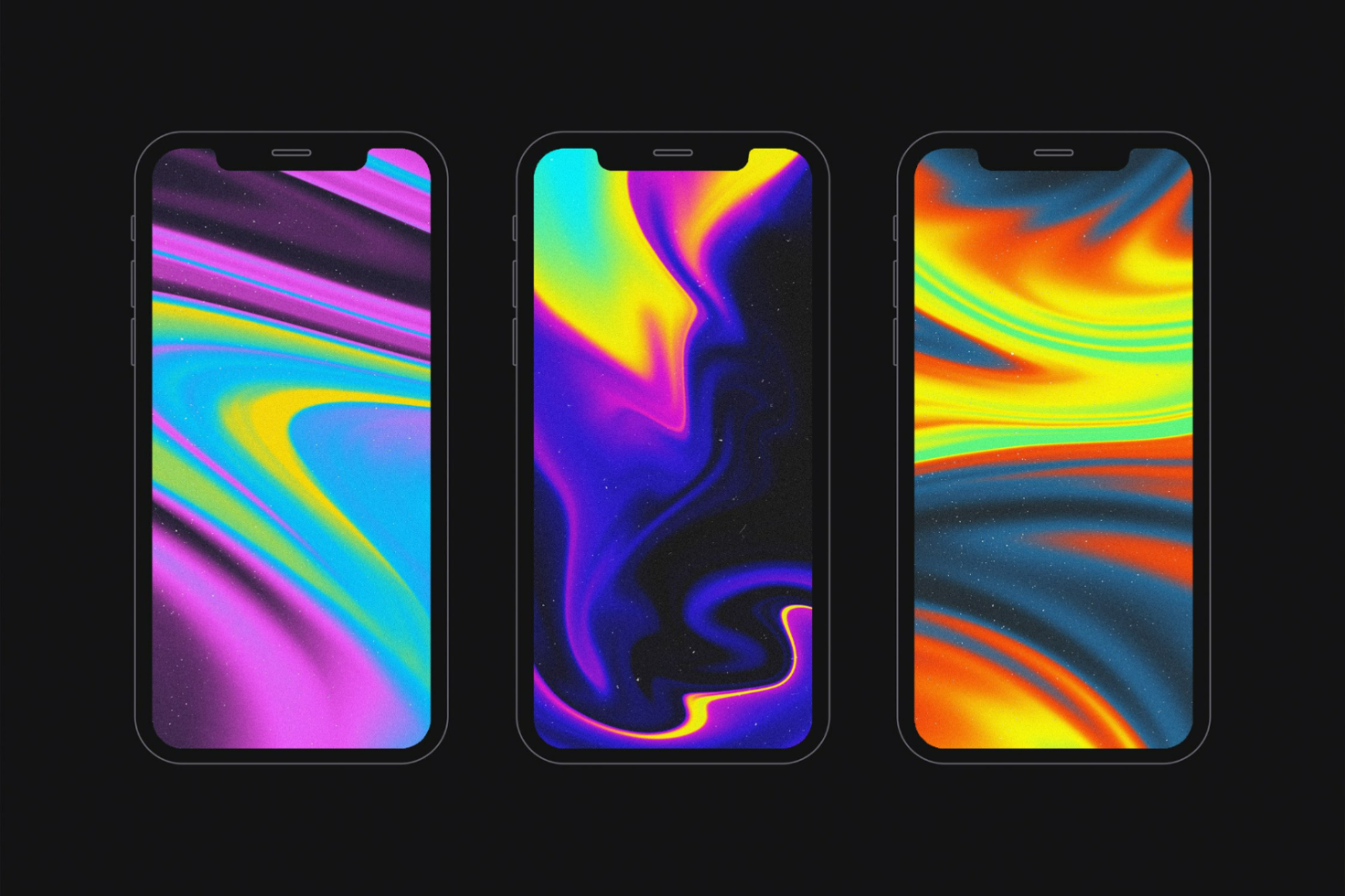 Three smartphone screens showcasing vibrant abstract fluid wallpapers in bright neon colors, perfect for designers seeking unique mockup backgrounds.