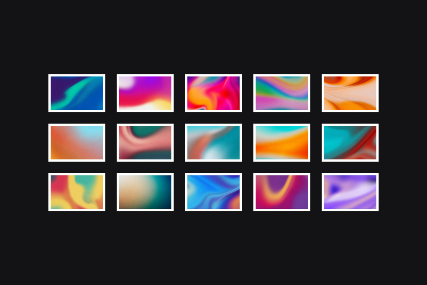 Set of 15 vibrant abstract gradient backgrounds ideal for designers use in templates, mockups, and graphics. High-quality colorful backdrops for creative projects.