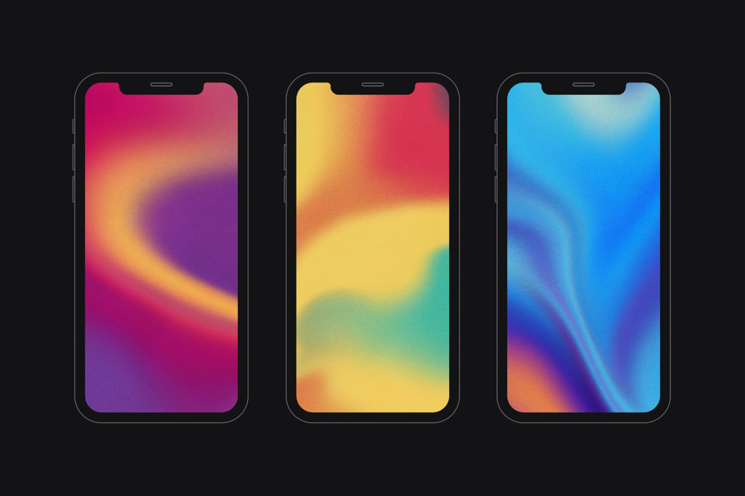 Three smartphone mockups with gradient backgrounds in red purple, yellow green, and blue shades. Suitable for UI designers and graphic design projects.