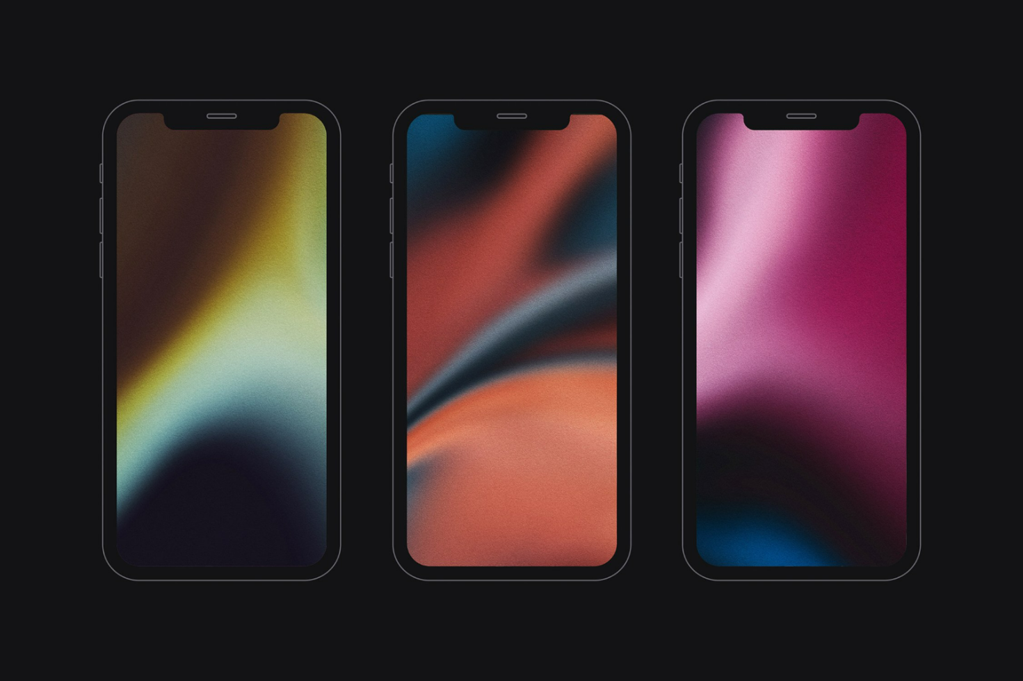 Three iPhone mockups with abstract gradient wallpapers. Perfect for mobile app design, UI/UX templates, and showcasing responsive web designs. Download now.