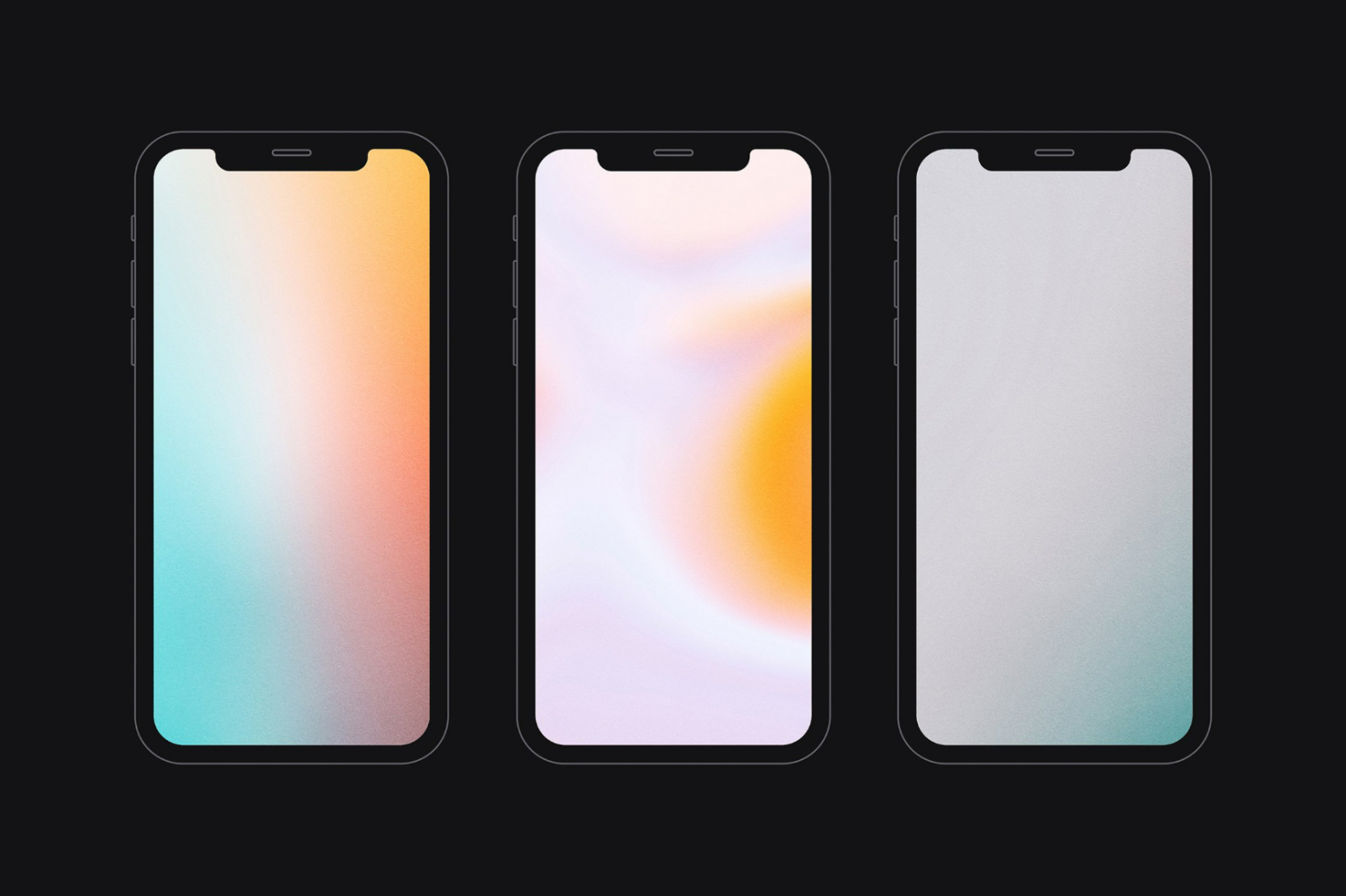 Three smartphone mockups with abstract colorful backgrounds on black background perfect for showcasing app designs mockup templates for designers.