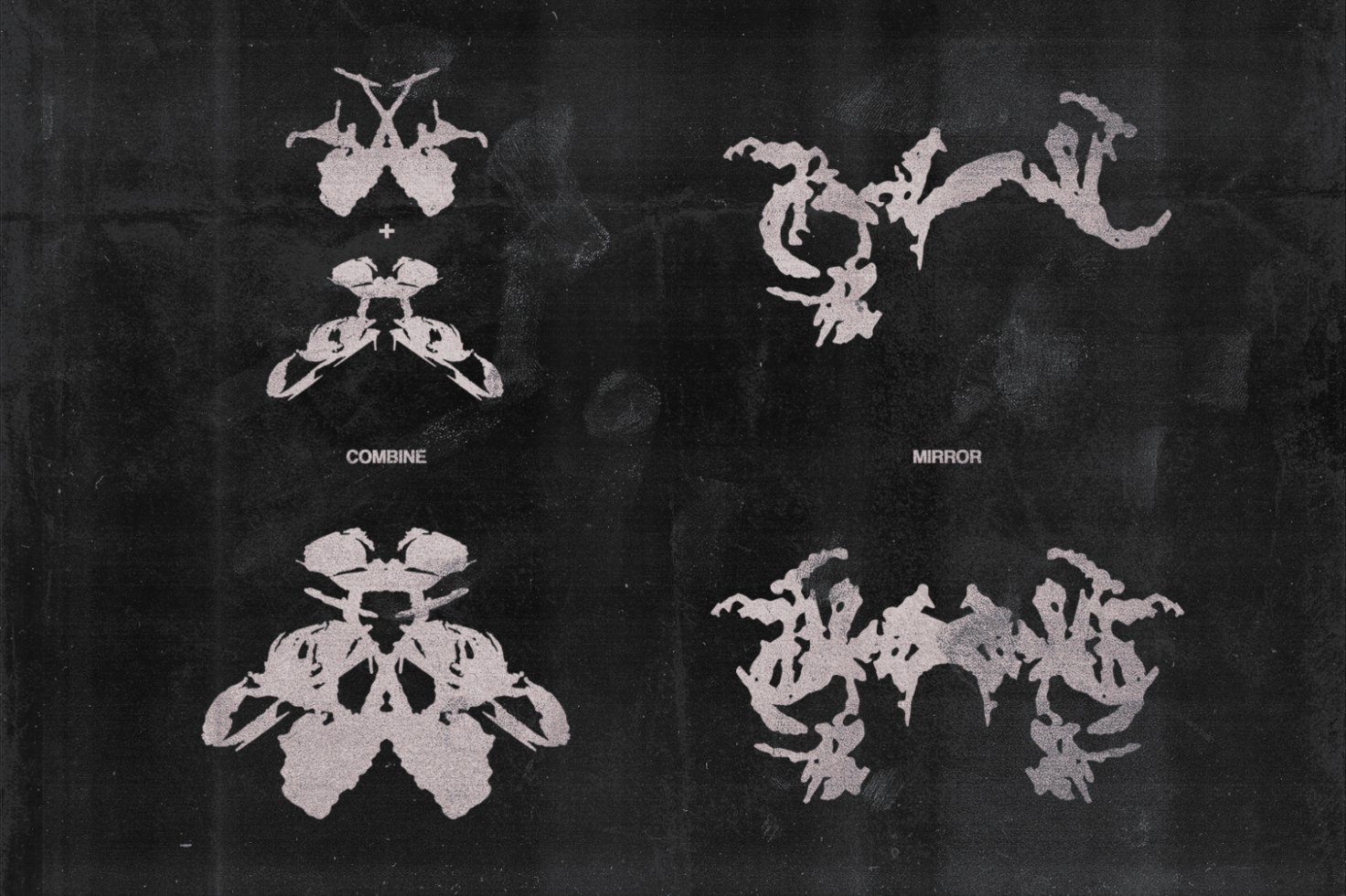 Abstract inkblot graphics on a textured black background divided into sections labeled combine and mirror perfect for digital graphic design and creative templates.