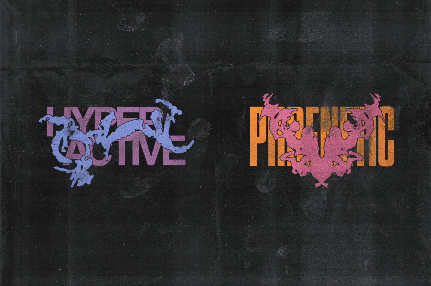 Dark abstract graphic design featuring stylized text Hyperactive and Phrenic in vibrant colors with artistic splashes ideal for digital assets and designer mockups.