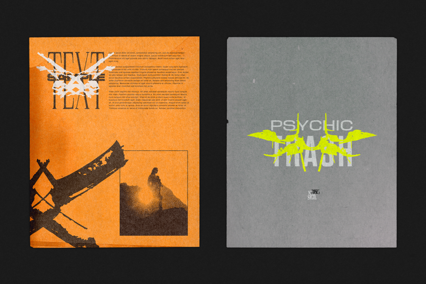 Two poster templates, one orange with text and an illustration, the other gray with abstract design. Suitable for graphic designers creating digital assets or mockups.