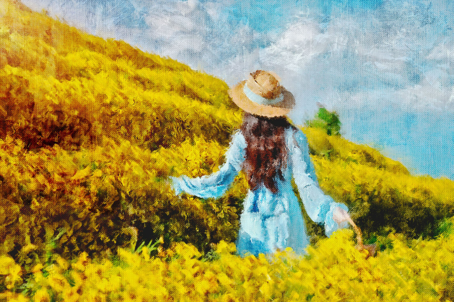 Woman in blue dress and hat walking through yellow flower field digital painting background art suitable for mockups templates graphics designers artwork.