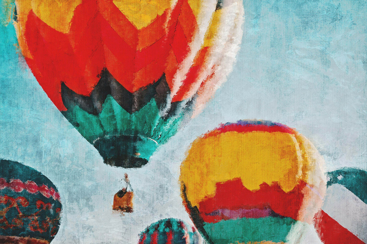 Digital painting of colorful hot air balloons flying in the sky. Perfect for graphics, mockups, and templates. Keywords: digital painting, hot air balloon, graphics.