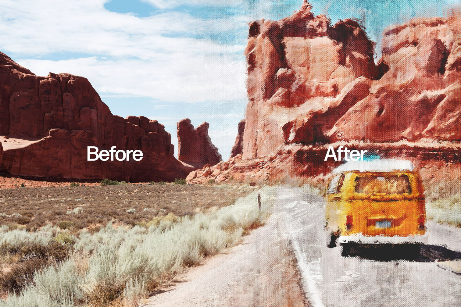 Before and after landscape transformation showcasing a photo to painting effect on desert scene with rocks and a road ideal for graphics designers illustration