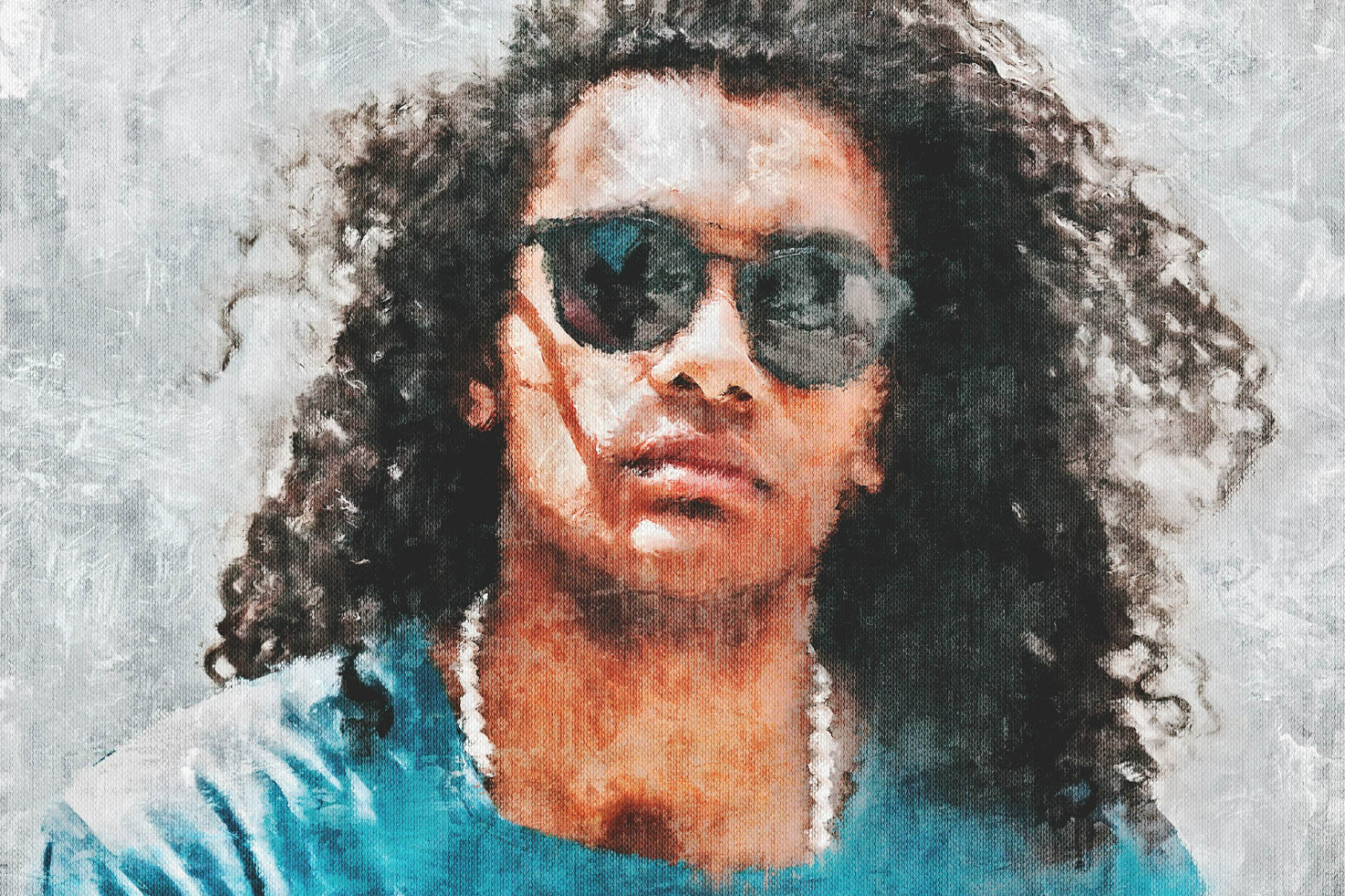 Digital watercolor portrait of a person with curly hair wearing sunglasses and a blue shirt. Perfect for use in graphic design, mockups, templates, and artwork.