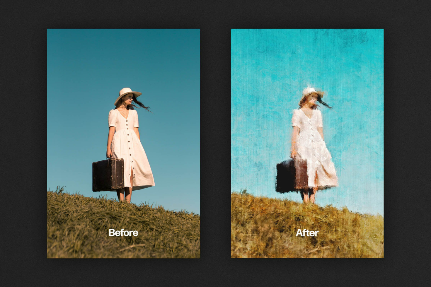 Before and after image demonstrating photo to painting effect with a woman in a white dress holding a suitcase. Digital asset for designers. Graphics resource.