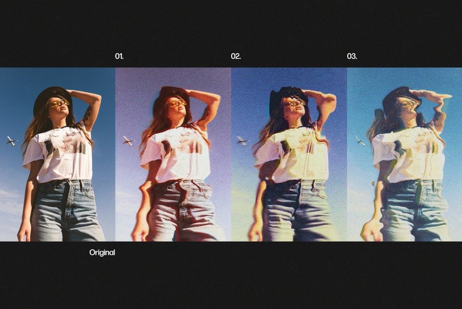 Color grade presets showing four different moods applied to same portrait photo of woman outdoors