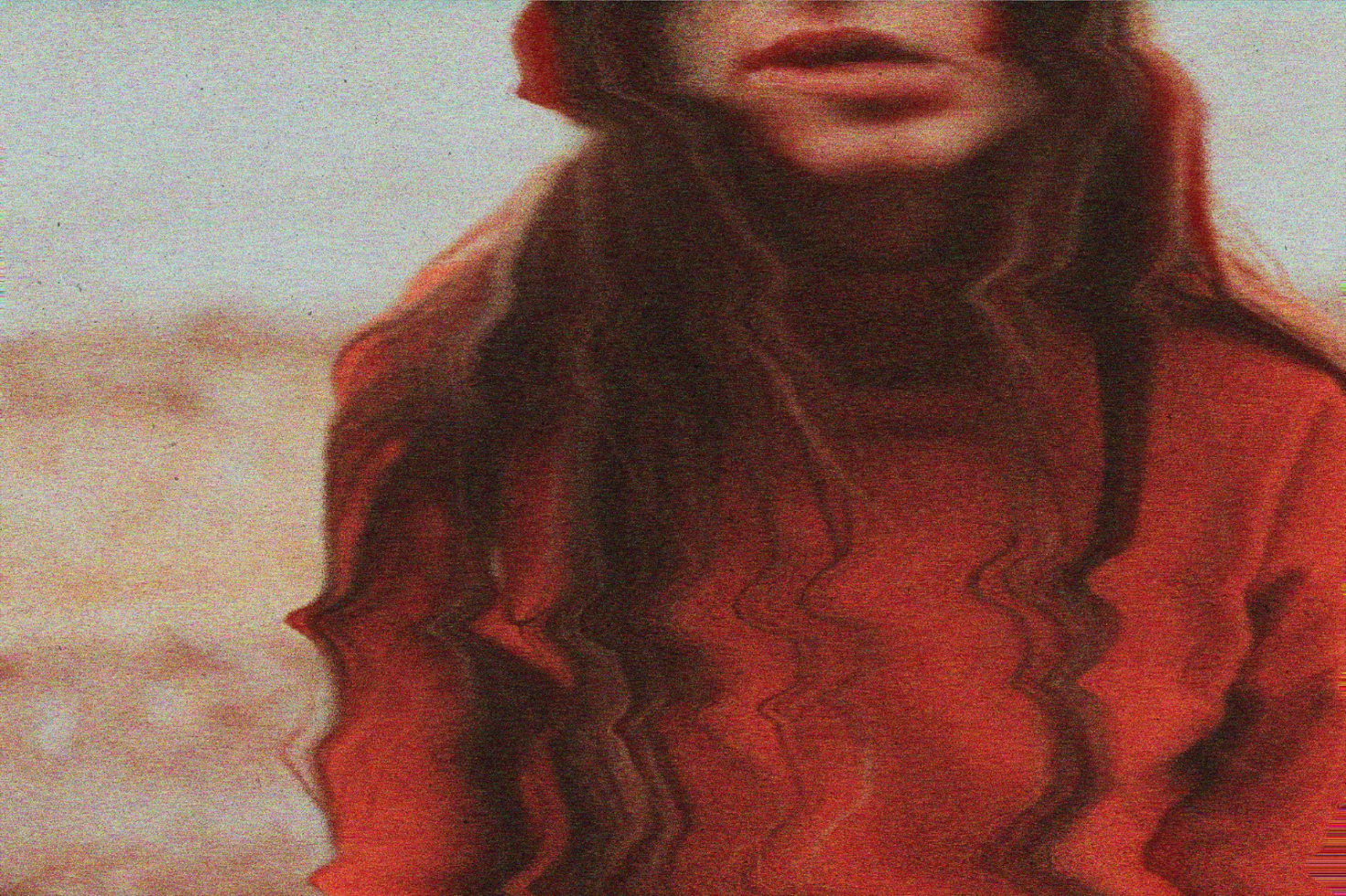 Digital glitch effect on a photo of a woman in a red sweater. Ideal for graphics, mockups, abstract art, and modern design projects. High-resolution asset.