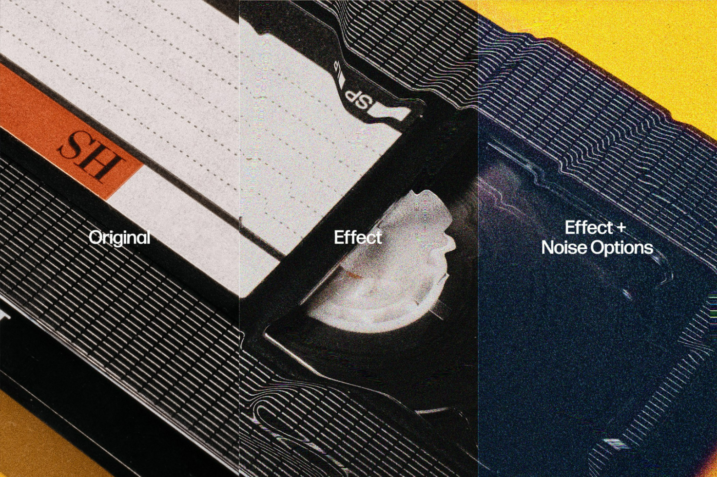 VHS tape mockup showcasing original, effect, and noise options visual comparison. Ideal for designers seeking retro graphics, effects, and template options.